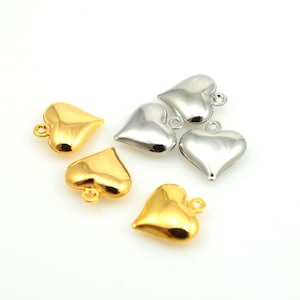 Puffed Gold or Silver Heart Charms, Gold Plated Heart Charm 12mm x 11mm