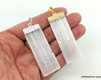 Natural Raw Selenite Freeform Pendant, Electroplated Silver or 24 kt Gold Selenite Freeform Bar Pendant