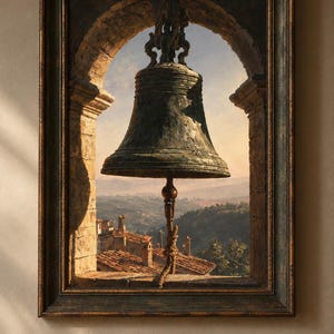 Può includere: Un dipinto a olio incorniciato che raffigura una grande campana in bronzo usurata sospesa all'interno di un arco in pietra. La campana sovrasta un paesaggio di edifici con tetti in terracotta e colline. Il testo La Bella Vita Fine Art è stampato.