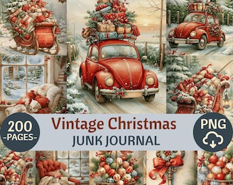 May include: A digital collection of 200 pages for a vintage Christmas junk journal featuring illustrations of red cars and sleighs loaded with gift boxes, cozy armchairs, baskets of ornaments, and decorative keys in a snowy winter setting.