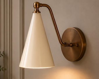 Brass Cone Wall Sconce, Mid Century Modern Wall Light, Vintage Bedside Lamp, Adjustable Reading Light, Cream Shade Wall Fixture