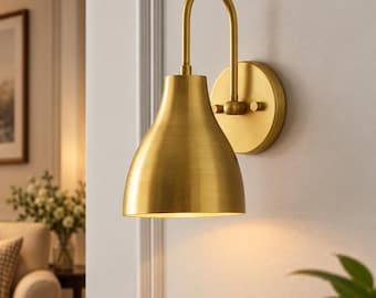 Kinkiet ścienny z kloszem w kolorze mosiądzu, lampa ścienna w stylu mid-century modern, lampka nocna z zakrzywionym ramieniem, kinkiet mosiężny w stylu vintage