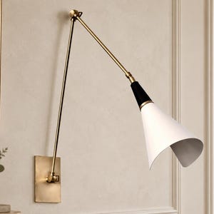 Brass Swing Arm Wall Sconce, White Cone Shade Reading Light, Mid Century Modern Bedside Lamp, Adjustable Long Arm Wall Light
