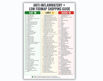 Antiinflammatorisk låg-FODMAP-inköpsguide utskrivbar, livsmedel att äta och undvika, låg-FODMAP-mattabell PDF, inköpslista, utskrivbar pdf