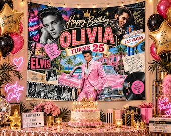 Tapiz de cumpleaños de Elvis Presley con nombre personalizado, telón de fondo personalizado para fiesta de Elvis, pancarta de cumpleaños estilo retro de Las Vegas, decoración para fans del rock and roll.