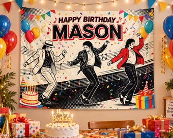 Michael Jackson Birthday Tapestry Personalized Name, King of Pop Party Backdrop, Custom Music Fan Wall Decor, Birthday Banner