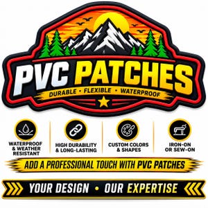 Puede incluir: Una pantalla gráfica para parches de PVC con un paisaje de montaña, sol y árboles. El texto incluye PVC PATCHES, DURABLE, FLEXIBLE, WATERPROOF, ADD A PROFESSIONAL TOUCH WITH PVC PATCHES y YOUR DESIGN • OUR EXPERTISE con cuatro iconos.