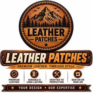 Puede incluir: Un parche circular de cuero marrón con un gráfico de montaña y pinos, situado sobre una etiqueta rectangular de cuero marrón. Ambos artículos muestran el texto LEATHER PATCHES. Debajo hay cuatro iconos que representan la calidad del cuero, durabilidad, artesanía y métodos de aplicación.