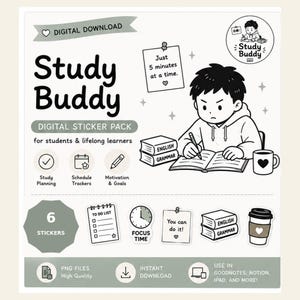 Study Buddy-studieklistermärken - Set med 6 (Fler designer kommer att läggas till i framtiden) - Kompatibel med digitalt brevpapper, GoodNotes, Notion och iPad-planerare.