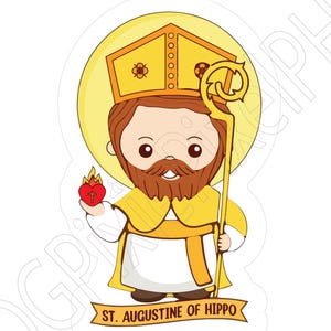 Può includere: Un adesivo a cartoni animati di Sant'Agostino d'Ippona raffigurante una figura barbuta dai capelli castani con paramenti vescovili gialli e bianchi, che tiene in mano un cuore rosso fiammeggiante e un pastorale dorato, con un'aureola gialla e un cartiglio con la scritta ST. AUGUSTINE OF HIPPO.