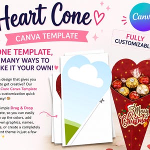 Puede incluir: Una plantilla digital de Canva para un cono en forma de corazón con el texto Heart Cone, One Template, So Many Ways To Make It Your Own y Merry Christmas. El diseño incluye una forma de corazón azul claro y un cono rojo lleno de chocolates.