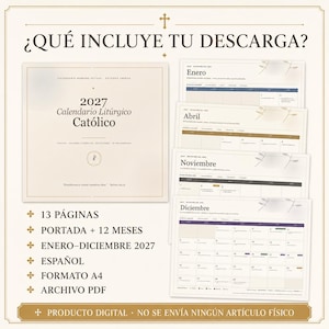 May include: A 2027 Catholic liturgical calendar digital download featuring a cover page and 12 monthly pages in Spanish. The document includes 13 pages in A4 format, displaying monthly grids with liturgical colors, devotions, and sacred time.