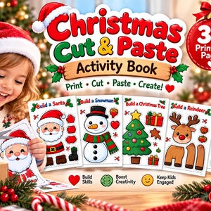 Peut inclure: Un livre d'activités Christmas Cut & Paste avec 30 pages imprimables pour les 3-6 ans. La couverture présente des illustrations colorées d'un Père Noël, d'un bonhomme de neige, d'un sapin, d'un renne et d'un pain d'épices avec le texte Print, Cut, Paste, Create.