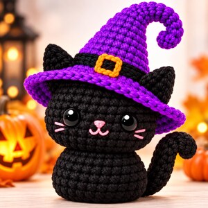 Könnte beinhalten: Eine gehäkelte schwarze Katzenfigur mit einem violetten Hexenhut, der ein schwarzes Band und eine orangefarbene quadratische Schnalle aufweist. Die Katze hat große schwarze Augen, eine kleine rosa gestickte Nase und einen geschwungenen Schwanz.