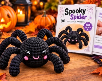 May include: A black crocheted spider plush toy with large glossy black eyes and pink stitched cheeks, positioned next to a printed instruction booklet titled Spooky Spider Crochet Pattern that displays step-by-step crafting directions.