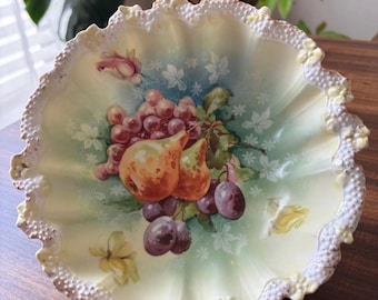 Antieke R.S. Prussia fruitschaal op voet, handbeschilderd Duits porselein, antieke fruitschaal, vintage cottage decor