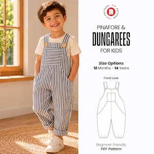 May include: A PDF sewing pattern for a pinafore and dungarees for kids, featuring size options from 12 months to 14 years. The design includes a blue and white striped dungaree with two wooden buttons on the straps and a front pocket.