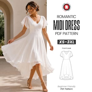 May include: A white midi dress with flutter sleeves, a V-neckline, and a high-low hemline. The text reads ROMANTIC MIDI DRESS PDF PATTERN, XS-3XL, Front Look, and Beginner Friendly PDF Pattern. A line drawing of the dress is also included.