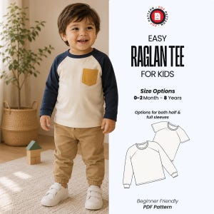 May include: A long-sleeve raglan tee with a cream-colored body, navy blue sleeves, and a mustard yellow chest pocket. The image includes text: Easy Raglan Tee for Kids, Size Options 0-2 Month - 8 Years, Options for both half & full sleeves.