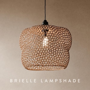 May include: A hanging pendant light fixture featuring a rounded, organic-shaped lampshade constructed from a woven, tan-colored lattice material. The shade has a honeycomb-like pattern and includes a visible light bulb. Text reads BRIELLE LAMPSHADE.