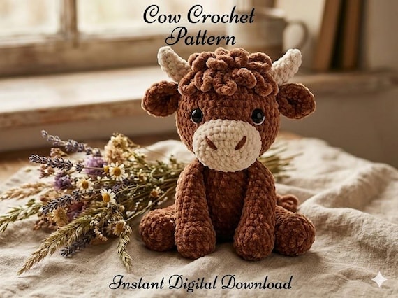 Crochet Cow Pattern PDF, Highland Cow Amigurumi Pattern, Plush Cow Crochet Tutorial, Farm Animal Toy, Digital Download