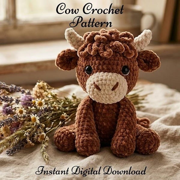 Crochet Cow Pattern PDF, Highland Cow Amigurumi Pattern, Plush Cow Crochet Tutorial, Farm Animal Toy, Digital Download