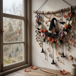 May include: A wall hanging featuring a central black crocheted witch hat surrounded by crocheted flowers, leaves, pumpkins, stars, and moons. The piece is suspended from a driftwood branch with dangling crocheted elements including small hats and moons.