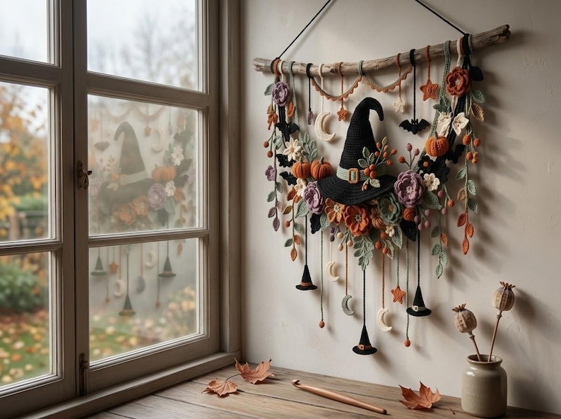May include: A wall hanging featuring a central black crocheted witch hat surrounded by crocheted flowers, leaves, pumpkins, stars, and moons. The piece is suspended from a driftwood branch with dangling crocheted elements including small hats and moons.