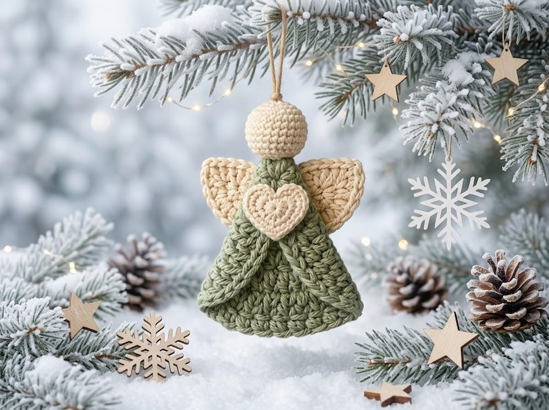 May include: A crocheted angel ornament featuring a sage green dress, a beige head, and beige wings. A small beige crocheted heart is centered on the chest. The ornament hangs from a simple tan string loop, showcasing detailed yarn texture.