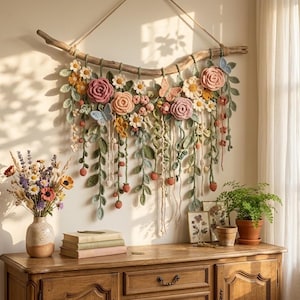May include: A wall hanging featuring crocheted flowers, leaves, and butterflies attached to a curved piece of driftwood. The arrangement includes pink, yellow, and white blossoms with green foliage and dangling vines with small round accents.