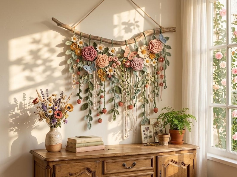 May include: A wall hanging featuring crocheted flowers, leaves, and butterflies attached to a curved piece of driftwood. The arrangement includes pink, yellow, and white blossoms with green foliage and dangling vines with small round accents.