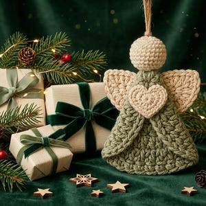 May include: A crocheted angel ornament in sage green and cream featuring a heart detail on the chest and a jute hanging loop. Beside it are three gift boxes wrapped in light paper with green ribbons, pine branches, and small wooden stars.