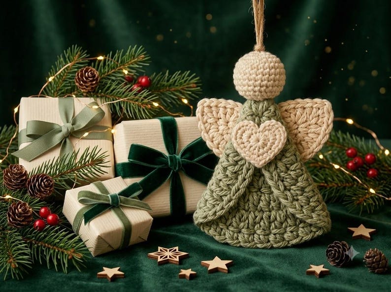 May include: A crocheted angel ornament in sage green and cream featuring a heart detail on the chest and a jute hanging loop. Beside it are three gift boxes wrapped in light paper with green ribbons, pine branches, and small wooden stars.