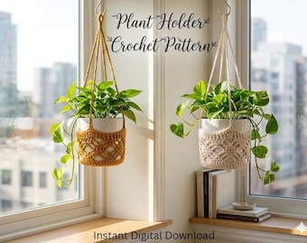 May include: Two hanging crochet plant holders, one in mustard yellow and one in cream, each containing a green pothos plant. The text "Plant Holder Crochet Pattern" and "Instant Digital Download" is visible in the image above and below the items.