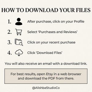 May include: An instructional graphic titled HOW TO DOWNLOAD YOUR FILES with four numbered steps using icons for a profile, shopping cart, folder, and cloud download. It includes text instructions and a note to use a web browser for the PDF.