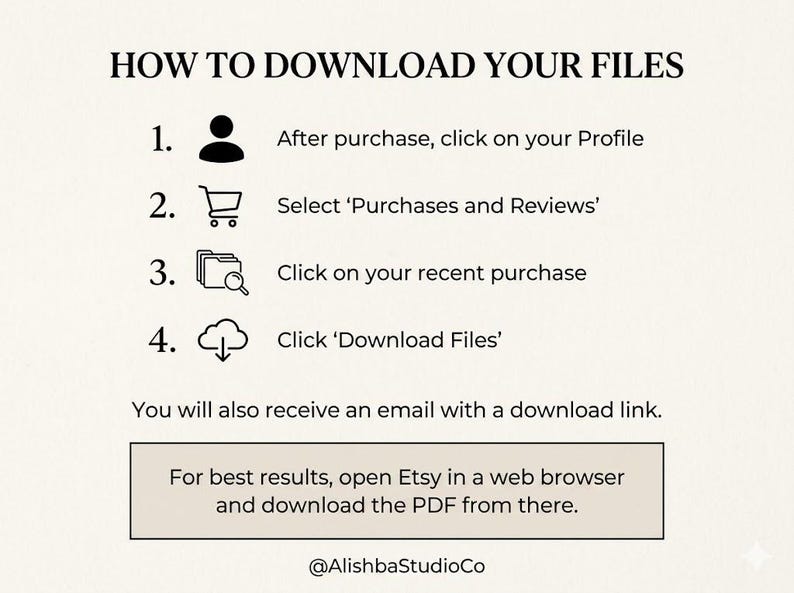 May include: An instructional graphic titled HOW TO DOWNLOAD YOUR FILES with four numbered steps using icons for a profile, shopping cart, folder, and cloud download. It includes text instructions and a note to use a web browser for the PDF.