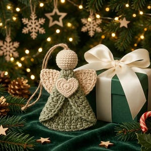 May include: A handmade crochet angel ornament featuring a sage green dress, a cream-colored head, and cream-colored wings with a matching heart detail on the chest. The ornament includes a natural jute twine loop for hanging on a tree.