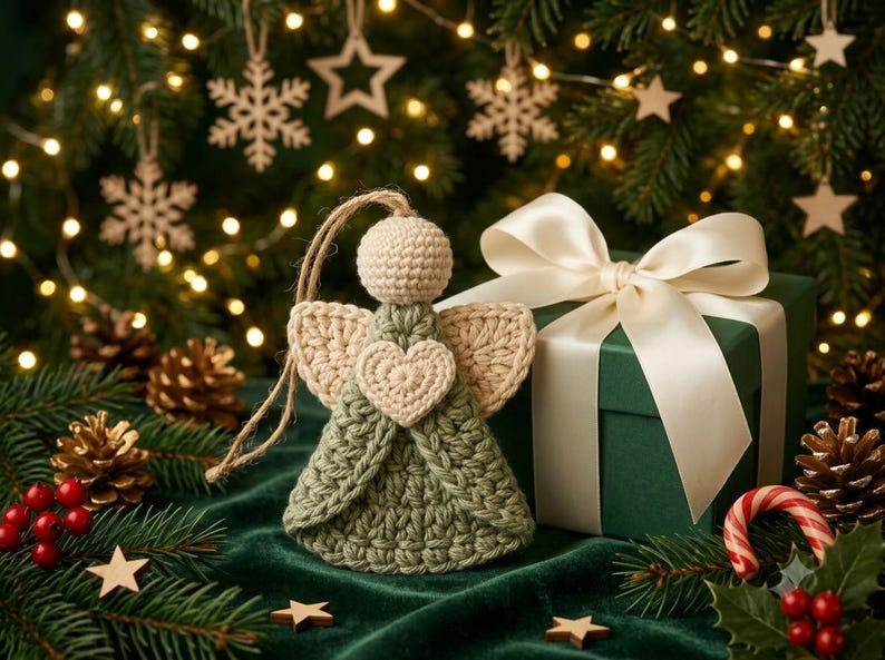 May include: A handmade crochet angel ornament featuring a sage green dress, a cream-colored head, and cream-colored wings with a matching heart detail on the chest. The ornament includes a natural jute twine loop for hanging on a tree.