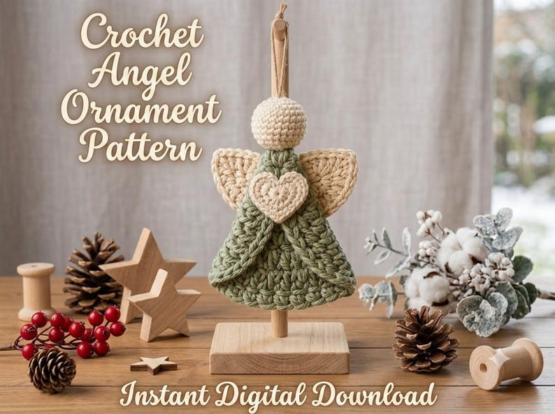 May include: A crochet angel ornament featuring a round cream head, sage green dress, and cream wings with a central heart. The ornament hangs from a wooden stand. Text reads: Crochet Angel Ornament Pattern and Instant Digital Download.