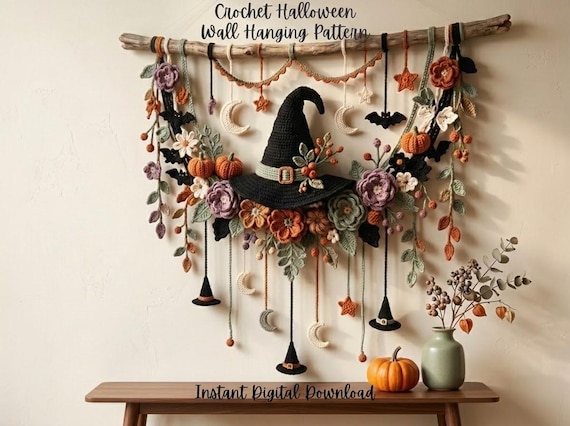 Crochet Halloween Wall Hanging Pattern PDF, Witch Hat Garland, Boho Botanical Decor, Vine Artwork, Cottagecore Garden Accent, Statement DIY