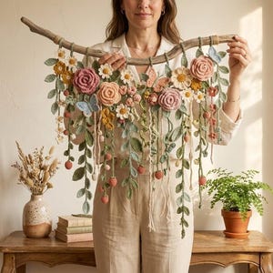 May include: A wall hanging featuring a curved piece of driftwood adorned with various crocheted flowers in shades of pink, yellow, and white, along with green crocheted leaves, vines, and small blue butterflies, all suspended from the wooden branch.