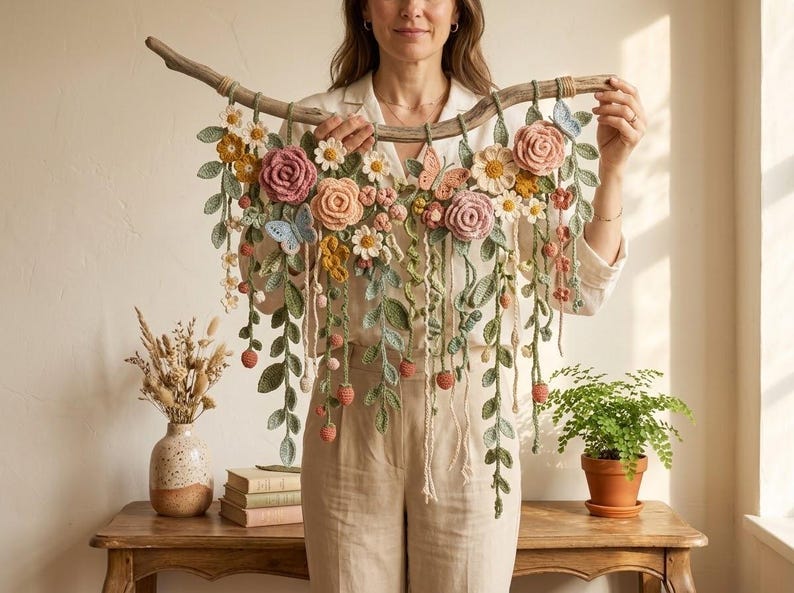 May include: A wall hanging featuring a curved piece of driftwood adorned with various crocheted flowers in shades of pink, yellow, and white, along with green crocheted leaves, vines, and small blue butterflies, all suspended from the wooden branch.