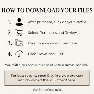 May include: An instructional graphic titled HOW TO DOWNLOAD YOUR FILES with four numbered steps using icons for a profile, shopping cart, folder, and cloud download. It includes text instructions and a note to use a web browser for the PDF.