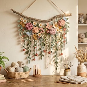 May include: A wall hanging featuring crocheted flowers, leaves, and butterflies in shades of pink, yellow, and green, suspended from a natural wooden branch with twine. The arrangement includes various floral shapes and trailing vines.