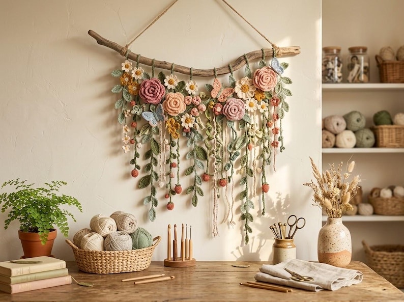 May include: A wall hanging featuring crocheted flowers, leaves, and butterflies in shades of pink, yellow, and green, suspended from a natural wooden branch with twine. The arrangement includes various floral shapes and trailing vines.