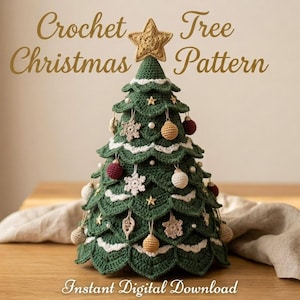 May include: A dark green crocheted Christmas tree with white scalloped edges, topped with a gold star. The tree is decorated with small crocheted ornaments including spheres, snowflakes, and stars. Text reads: Crochet Christmas Tree Pattern, Instant Digital Download.