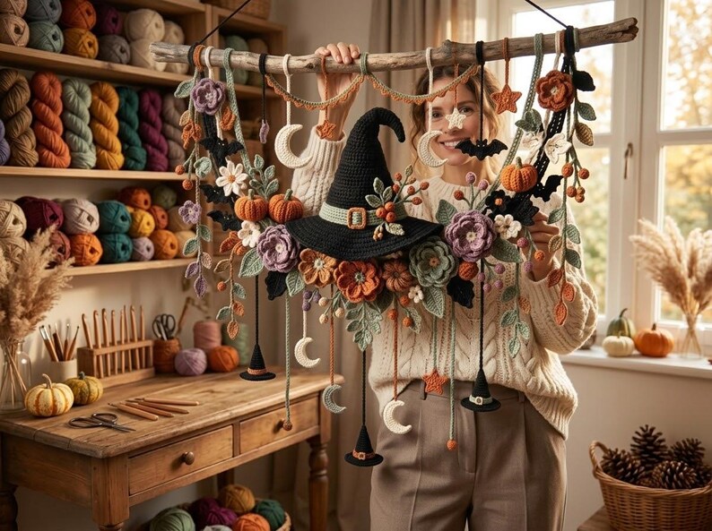 May include: A decorative wall hanging featuring a central black crocheted witch hat surrounded by crocheted flowers, pumpkins, crescent moons, stars, and bats. The elements are suspended from a natural wooden branch with various yarn strands.
