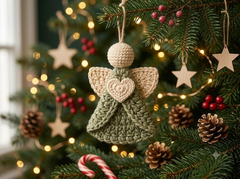 May include: A handmade crochet angel ornament featuring a sage green dress, cream-colored wings, a round cream head, and a central cream heart detail. The ornament hangs from a simple jute twine loop, showcasing intricate yarn stitching throughout.