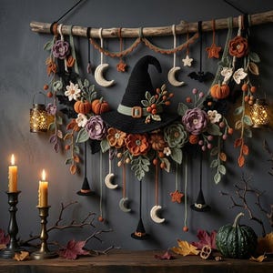 May include: A wall hanging featuring a central black crocheted witch hat surrounded by crocheted flowers, pumpkins, moons, stars, and small hats suspended from a wooden branch. Two lit lanterns hang on the sides, with candles and a pumpkin below.
