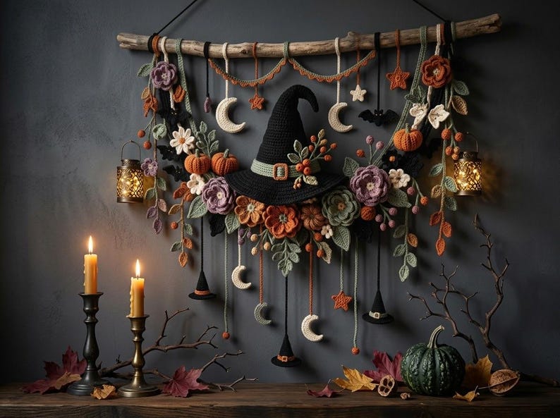 May include: A wall hanging featuring a central black crocheted witch hat surrounded by crocheted flowers, pumpkins, moons, stars, and small hats suspended from a wooden branch. Two lit lanterns hang on the sides, with candles and a pumpkin below.